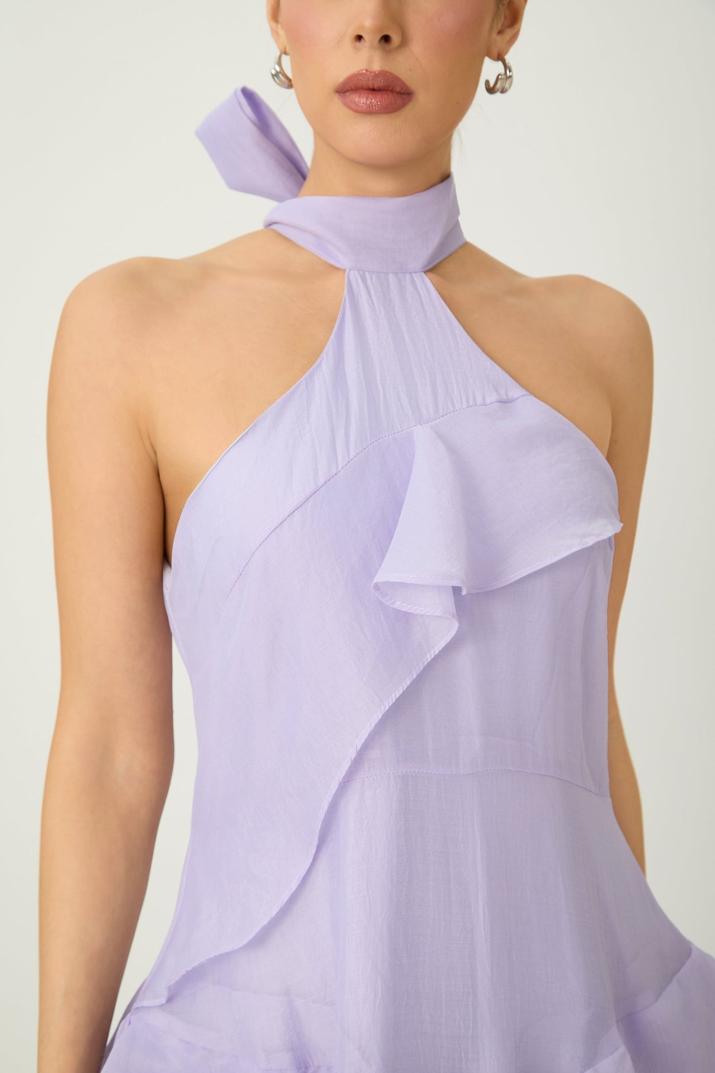 linda Purple Halter Neck Tiered Ruffle Maxi Dress