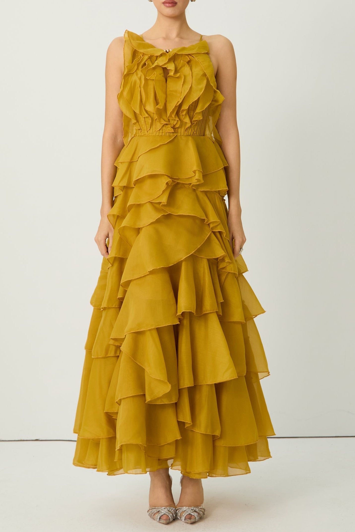 Flowering Girl Women leila Yellow Spaghetti Strap Tiered Ruffle Maxi Dress