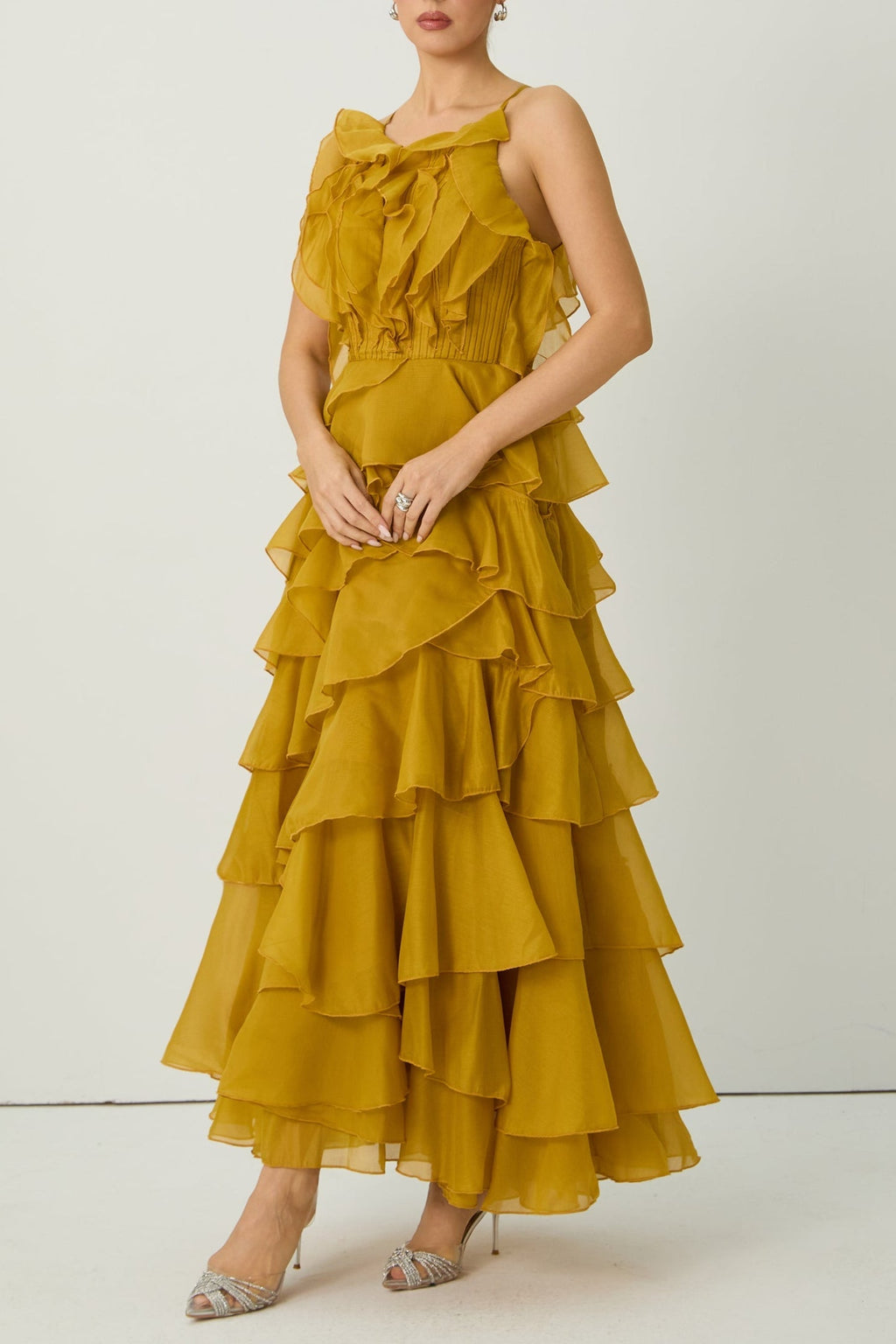 Flowering Girl Women leila Yellow Spaghetti Strap Tiered Ruffle Maxi Dress