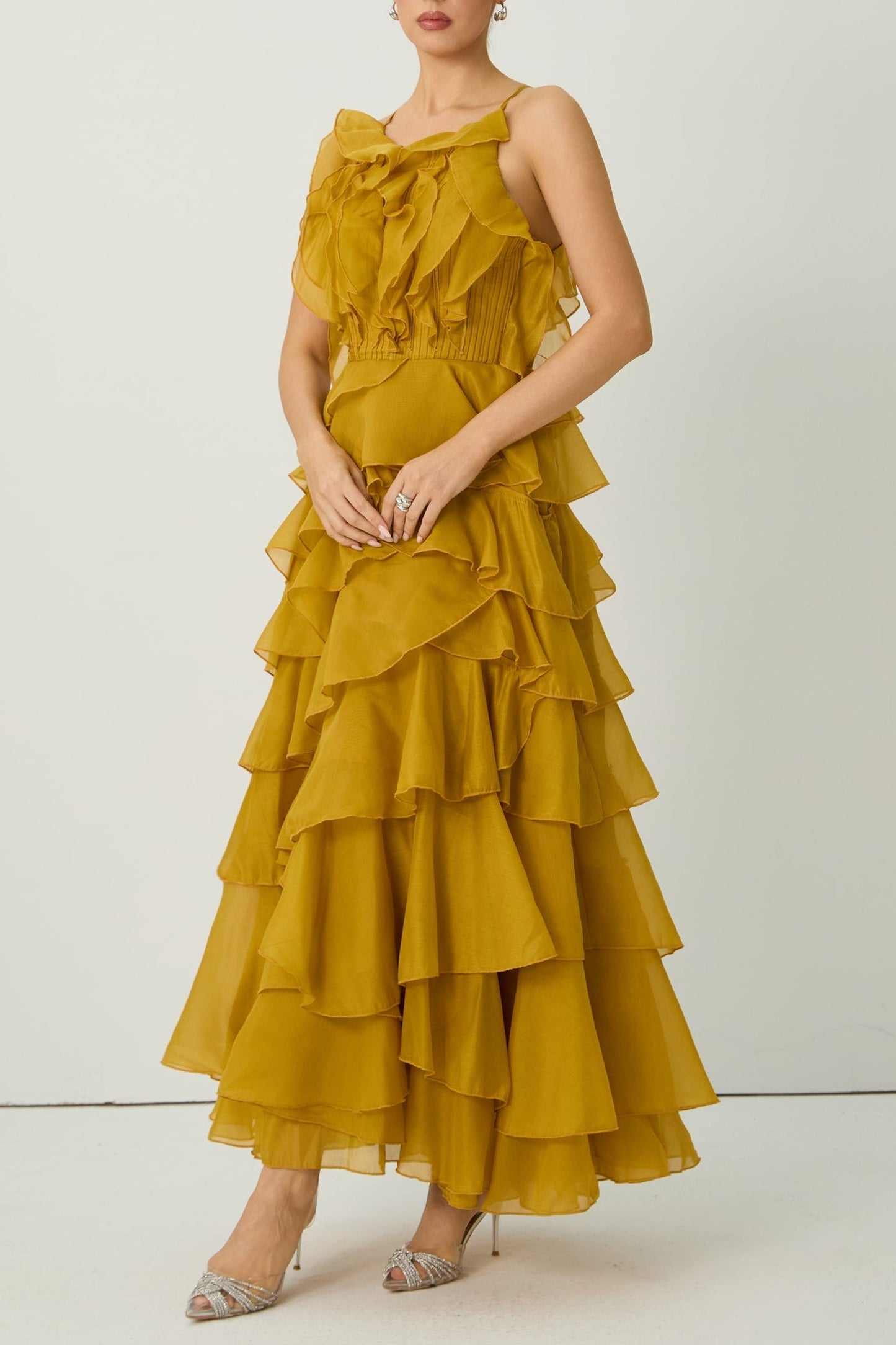leila Yellow Spaghetti Strap Tiered Ruffle Maxi Dress