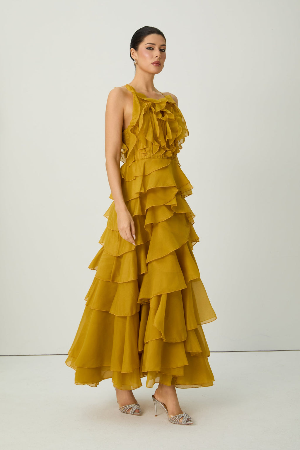 Flowering Girl Women leila Yellow Spaghetti Strap Tiered Ruffle Maxi Dress