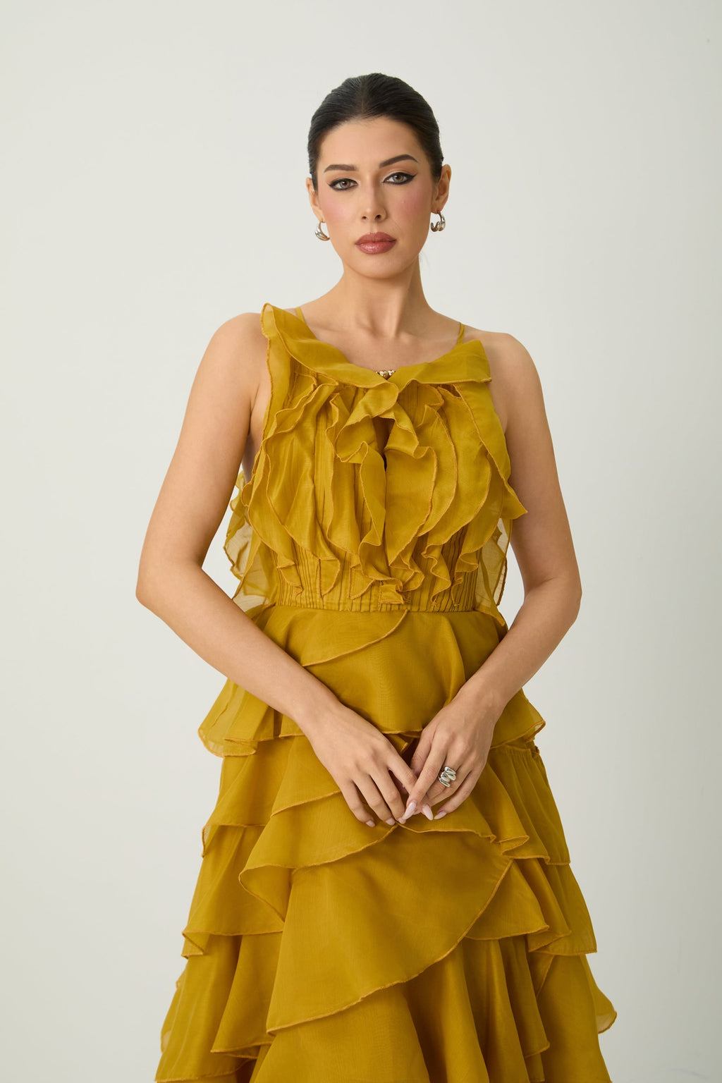 Flowering Girl Women leila Yellow Spaghetti Strap Tiered Ruffle Maxi Dress