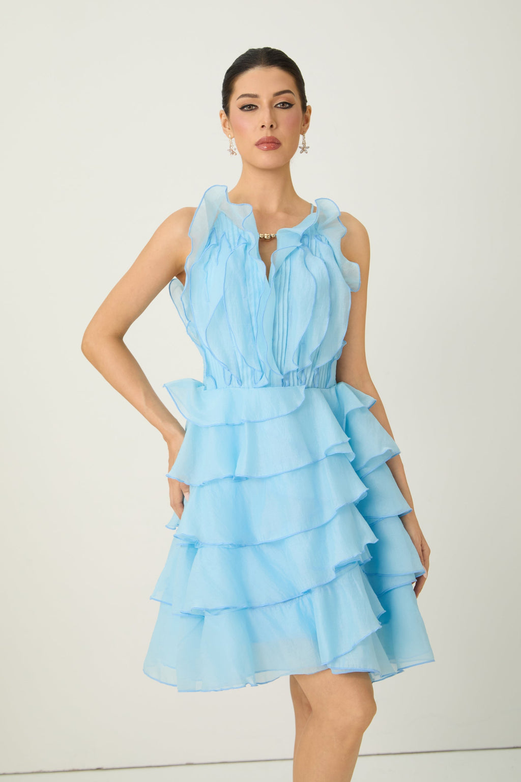 Juliet Blue Pleated Bodice Tiered Ruffle Mini Dress
