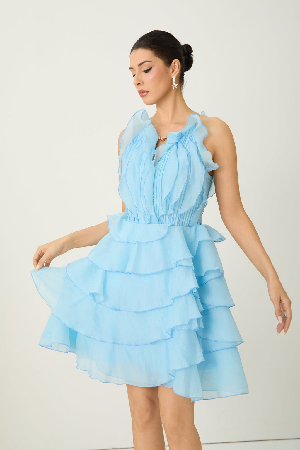 Juliet Blue Pleated Bodice Tiered Ruffle Mini Dress