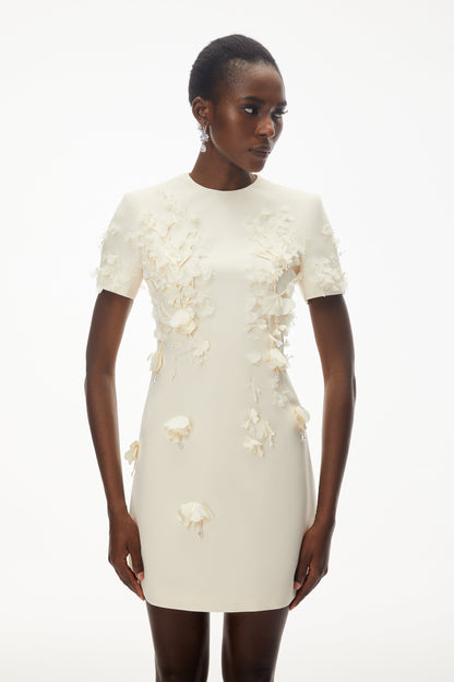 Ivory Round Neck Mini Dress with Floral Applique