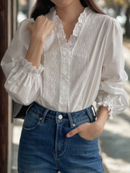 olive Retro V-Neck Crocheted Lace Trim Top