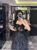 Flowering Girl Women Black Strapless Lace Patchwork Mesh Maxi Dress