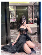 Flowering Girl Women Black Strapless Lace Patchwork Mesh Maxi Dress