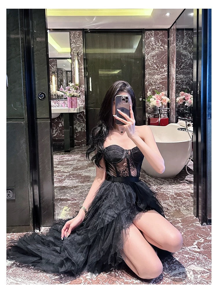 Flowering Girl Women Black Strapless Lace Patchwork Mesh Maxi Dress
