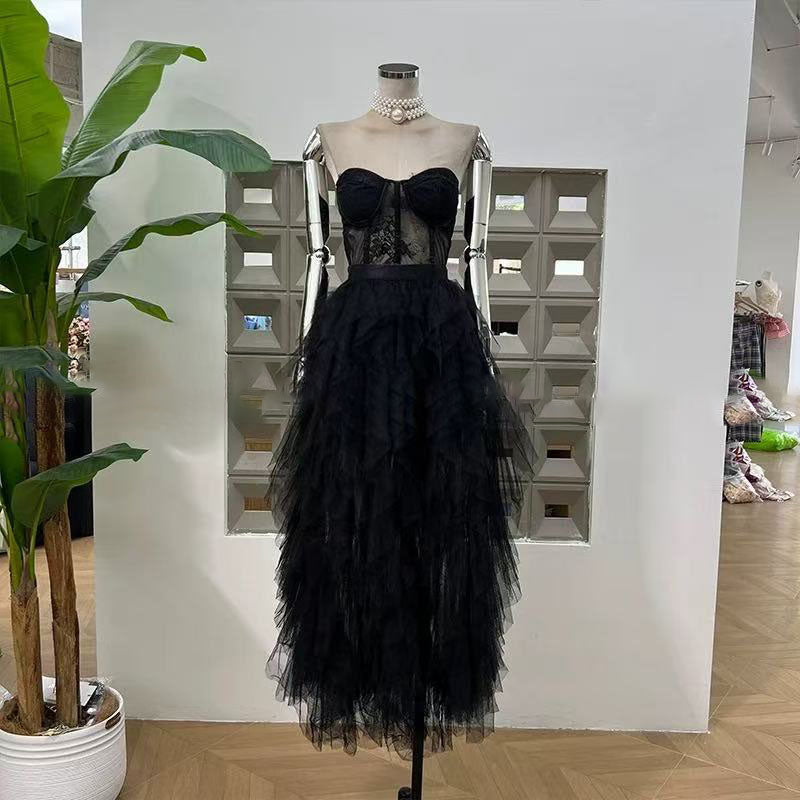 Flowering Girl Women Black Strapless Lace Patchwork Mesh Maxi Dress