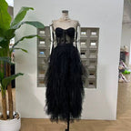 Flowering Girl Women Black Strapless Lace Patchwork Mesh Maxi Dress