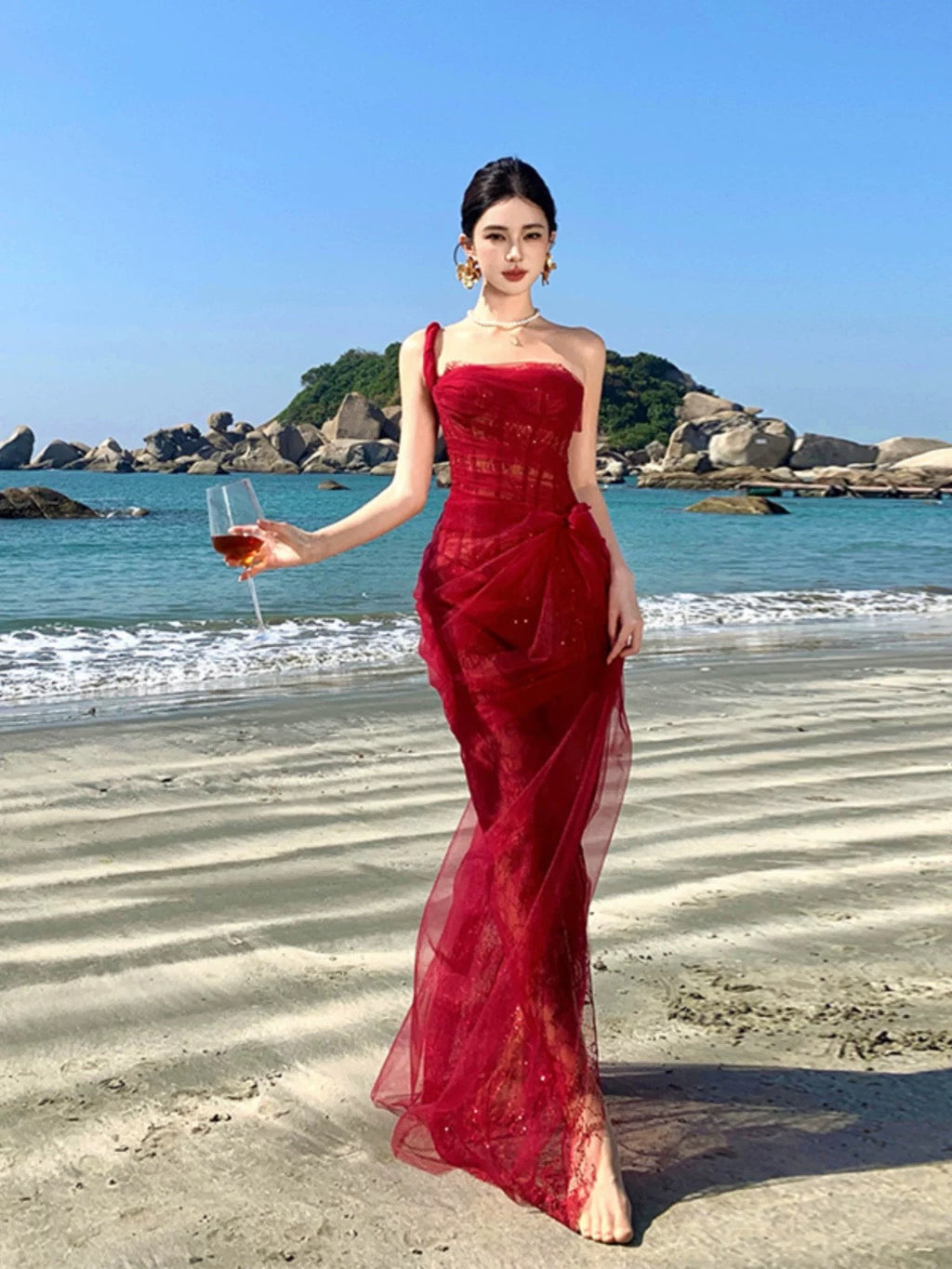 Flowering Girl Women Lace Corset One Shoulder Midi Dress - Wine