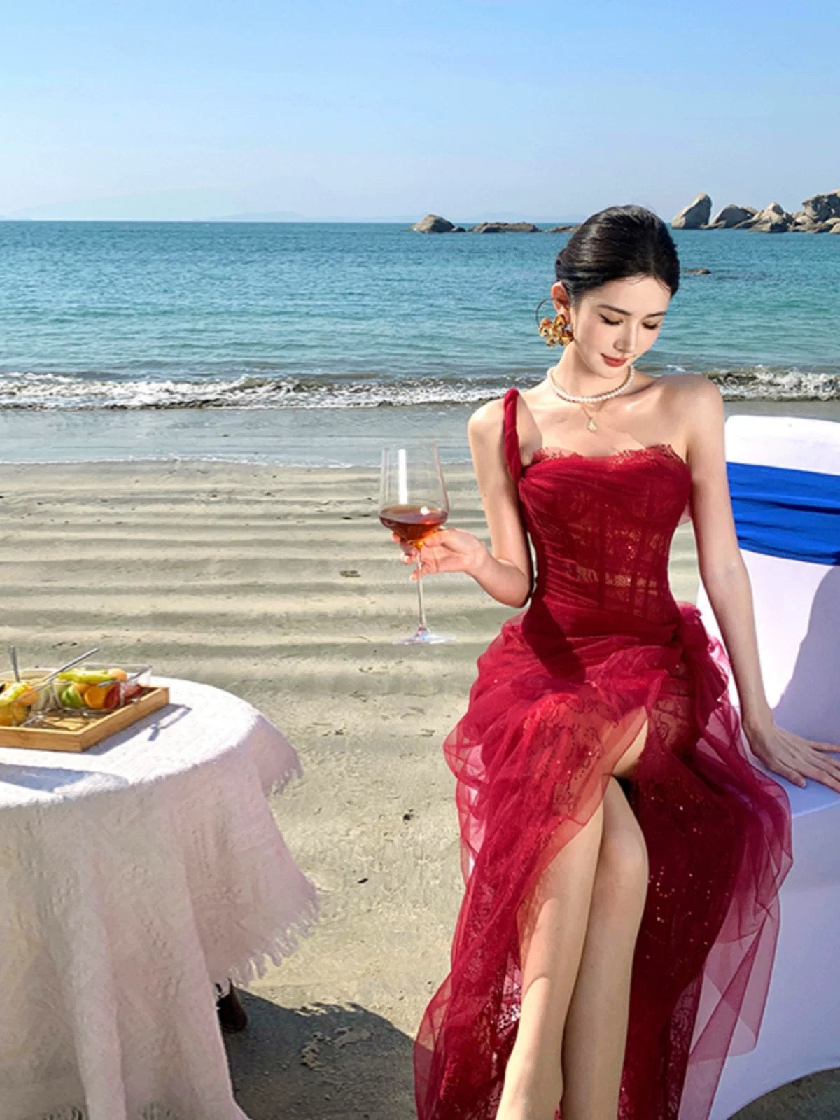 Flowering Girl Women Lace Corset One Shoulder Midi Dress - Wine