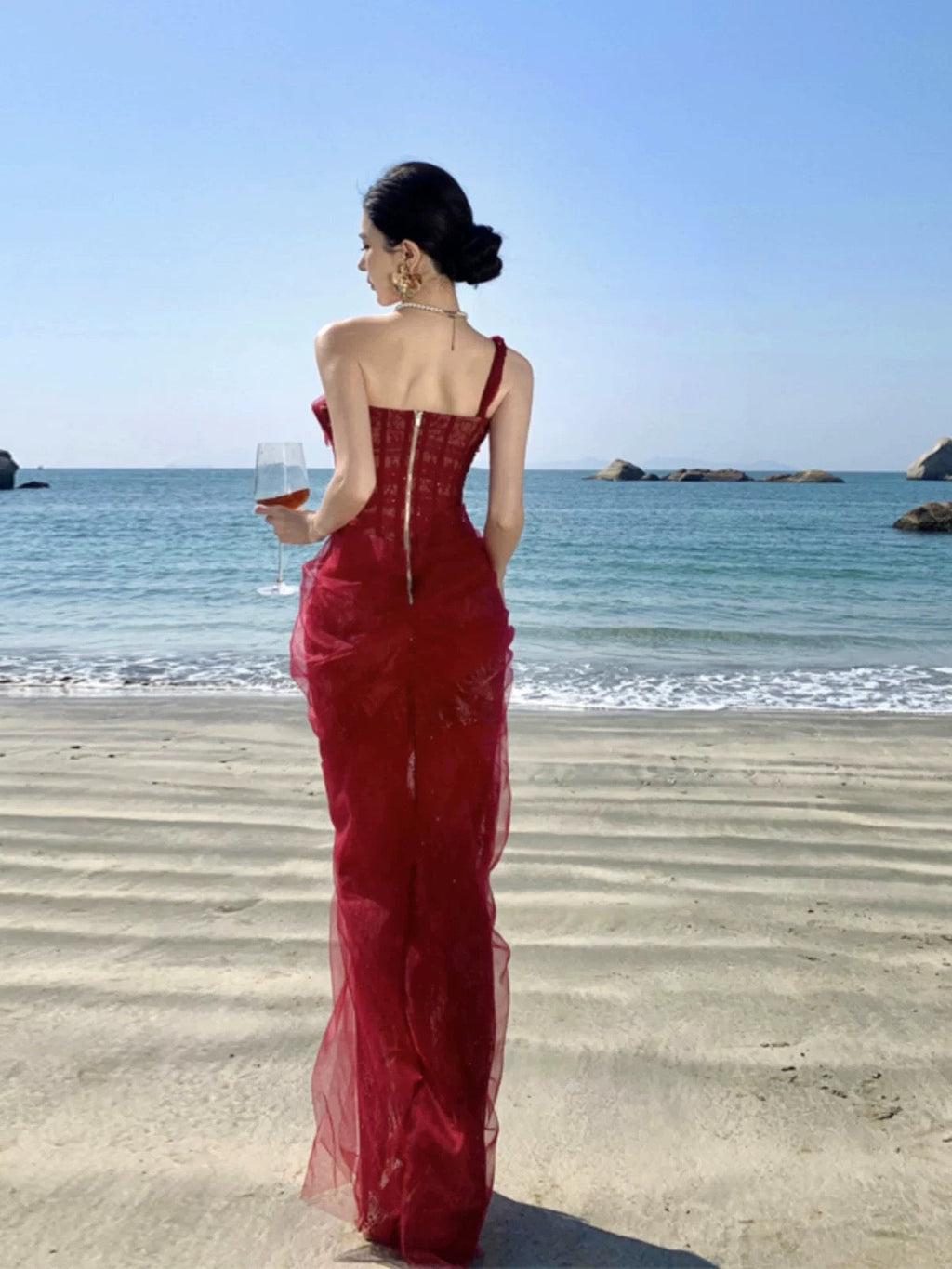 Flowering Girl Women Lace Corset One Shoulder Midi Dress - Wine