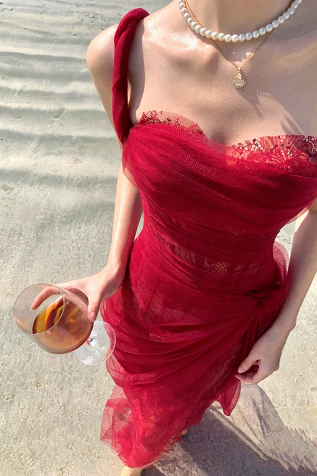 Flowering Girl Women Lace Corset One Shoulder Midi Dress - Wine