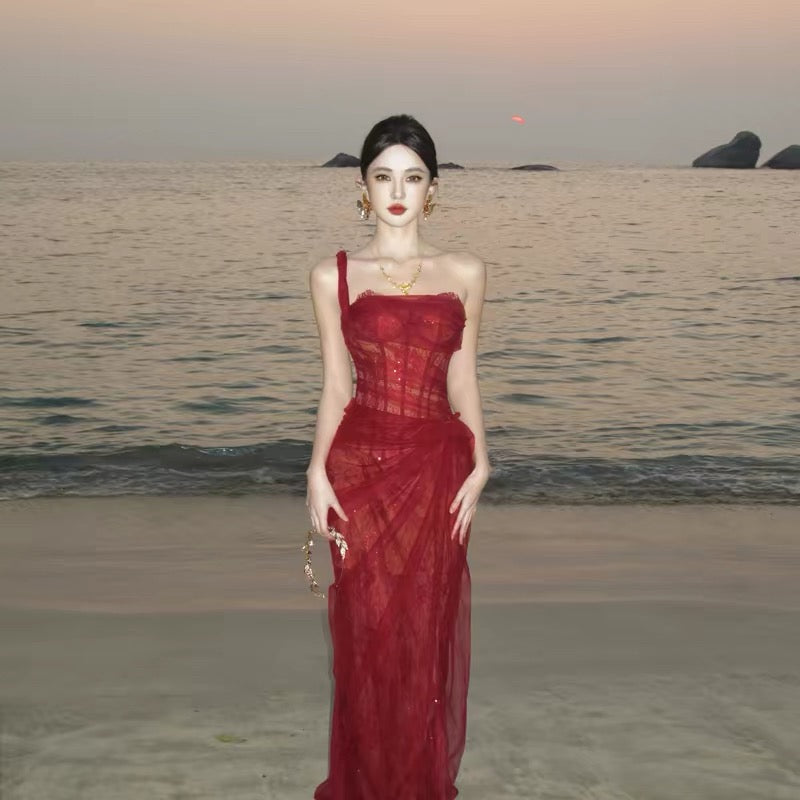 Flowering Girl Women Lace Corset One Shoulder Midi Dress - Wine