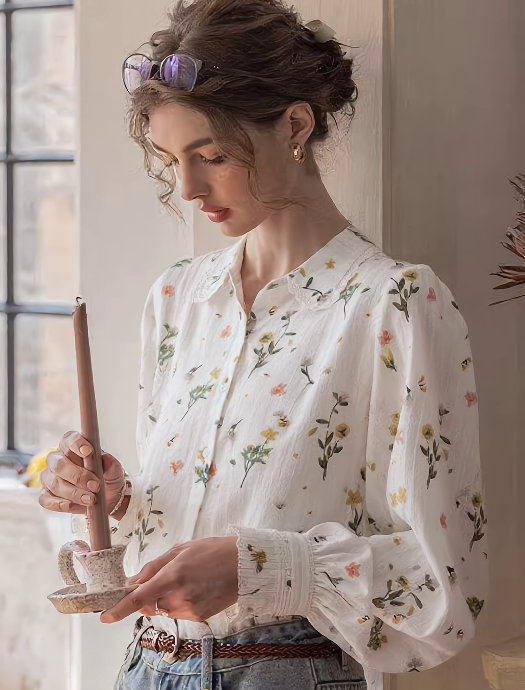 nancy Classic Lapel Embroidered Floral Shirt