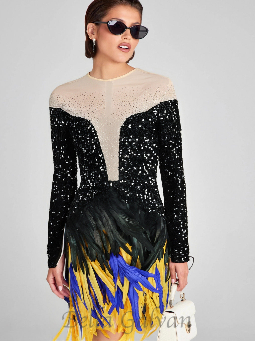 Flowering Girl Women feather embellished sequin mini dress in black