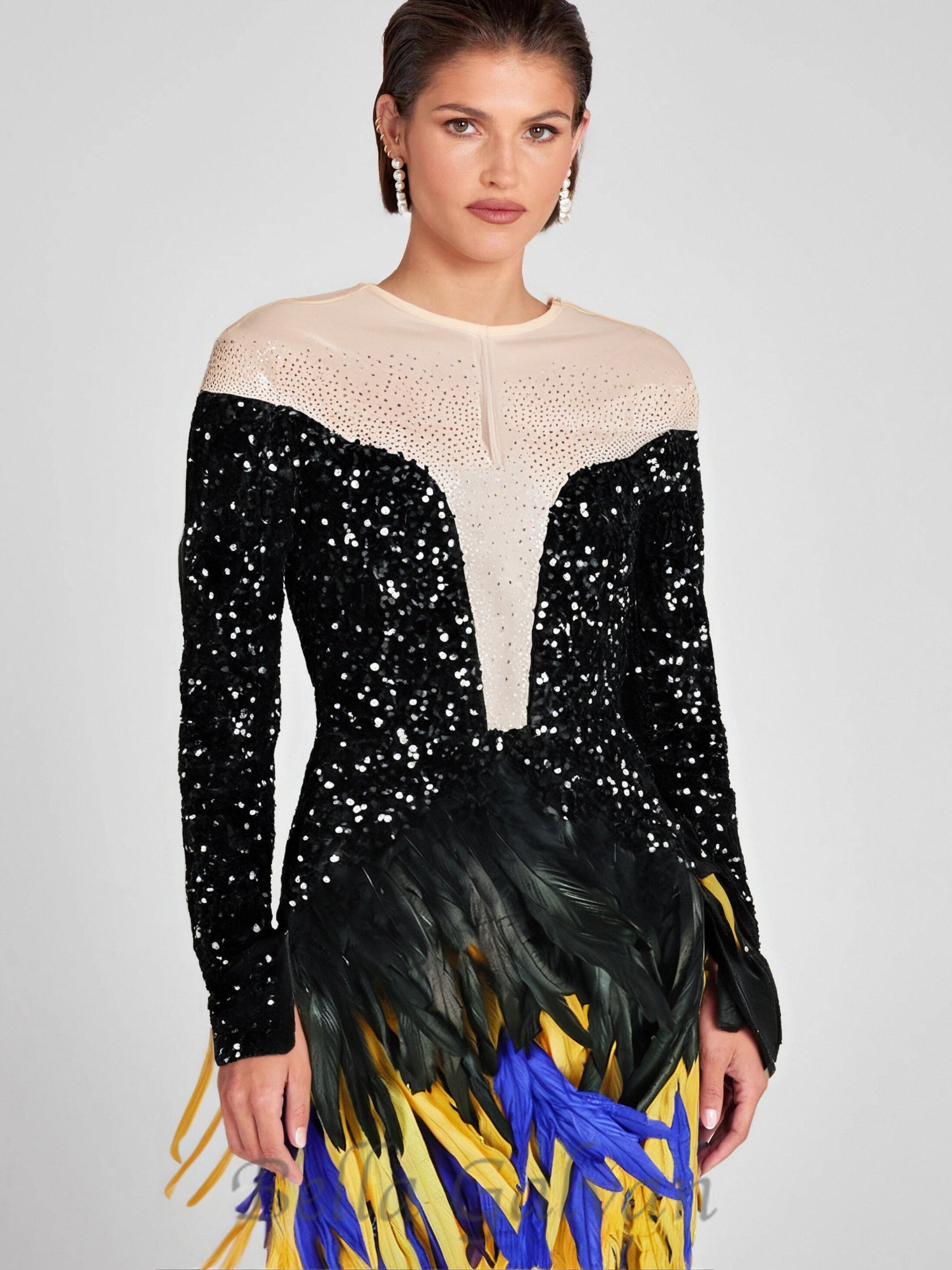 Flowering Girl Women feather embellished sequin mini dress in black