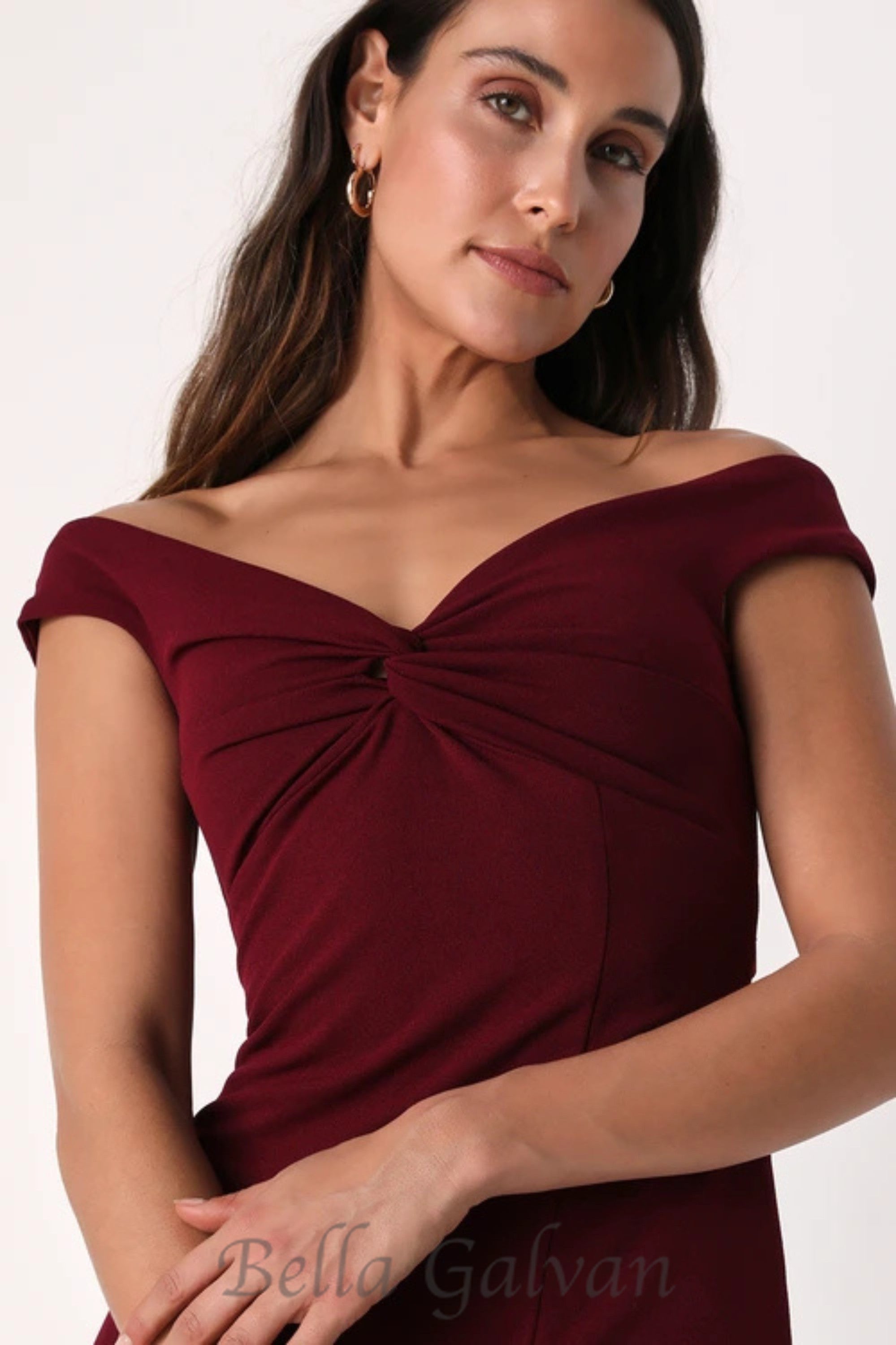 Flowering Girl Women Behold My Love Burgundy Off-The-Shoulder Twist-Front Maxi Dress