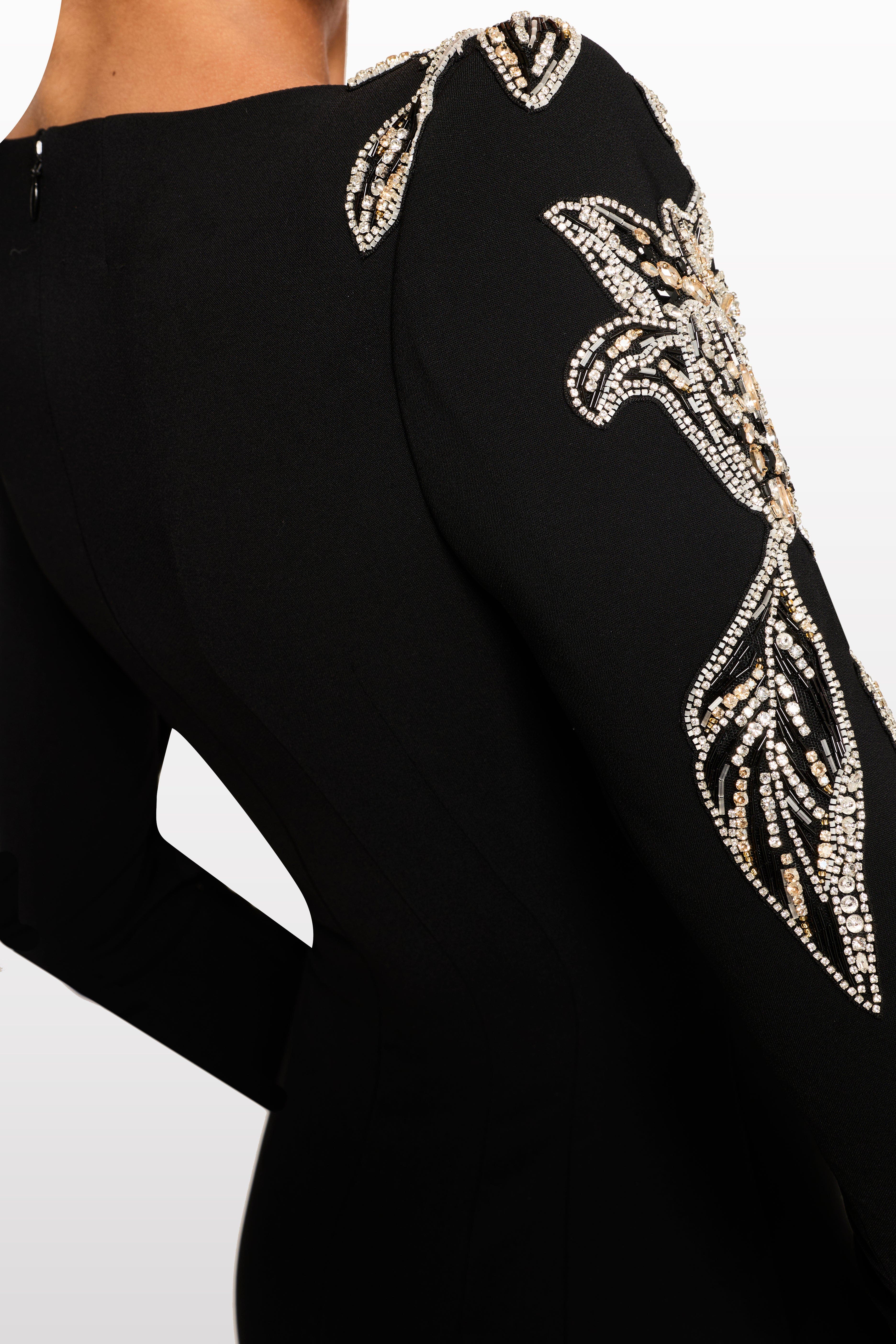 monica rhinestone Orchid Floral-Embellished Maxi Dress in black