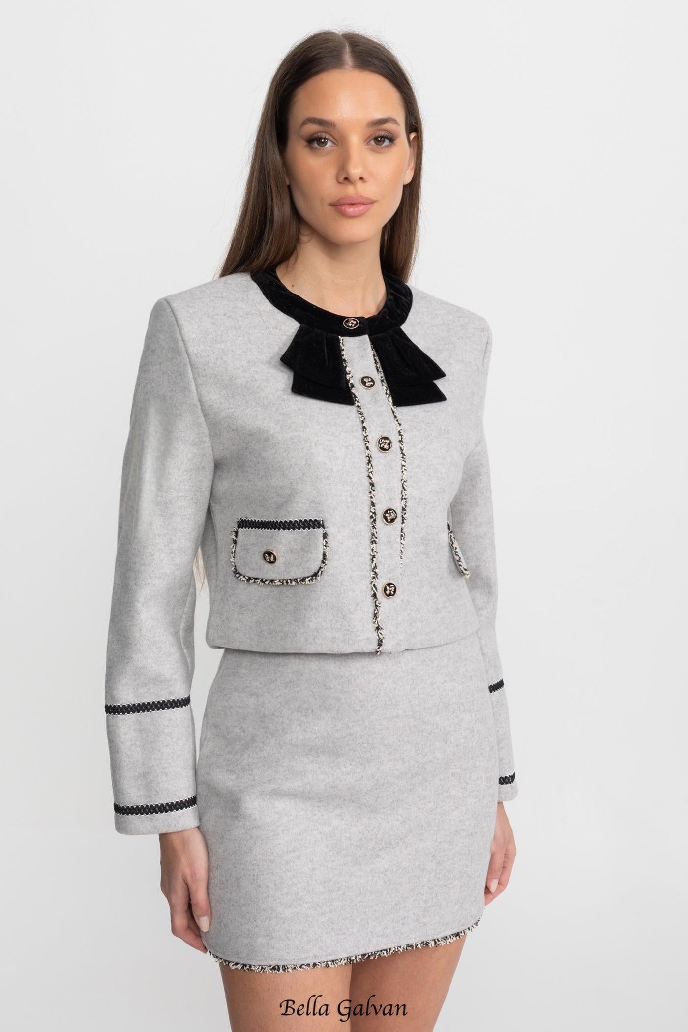 amy Grey  Co-Ord Set with Velvet Bow Collar Detail