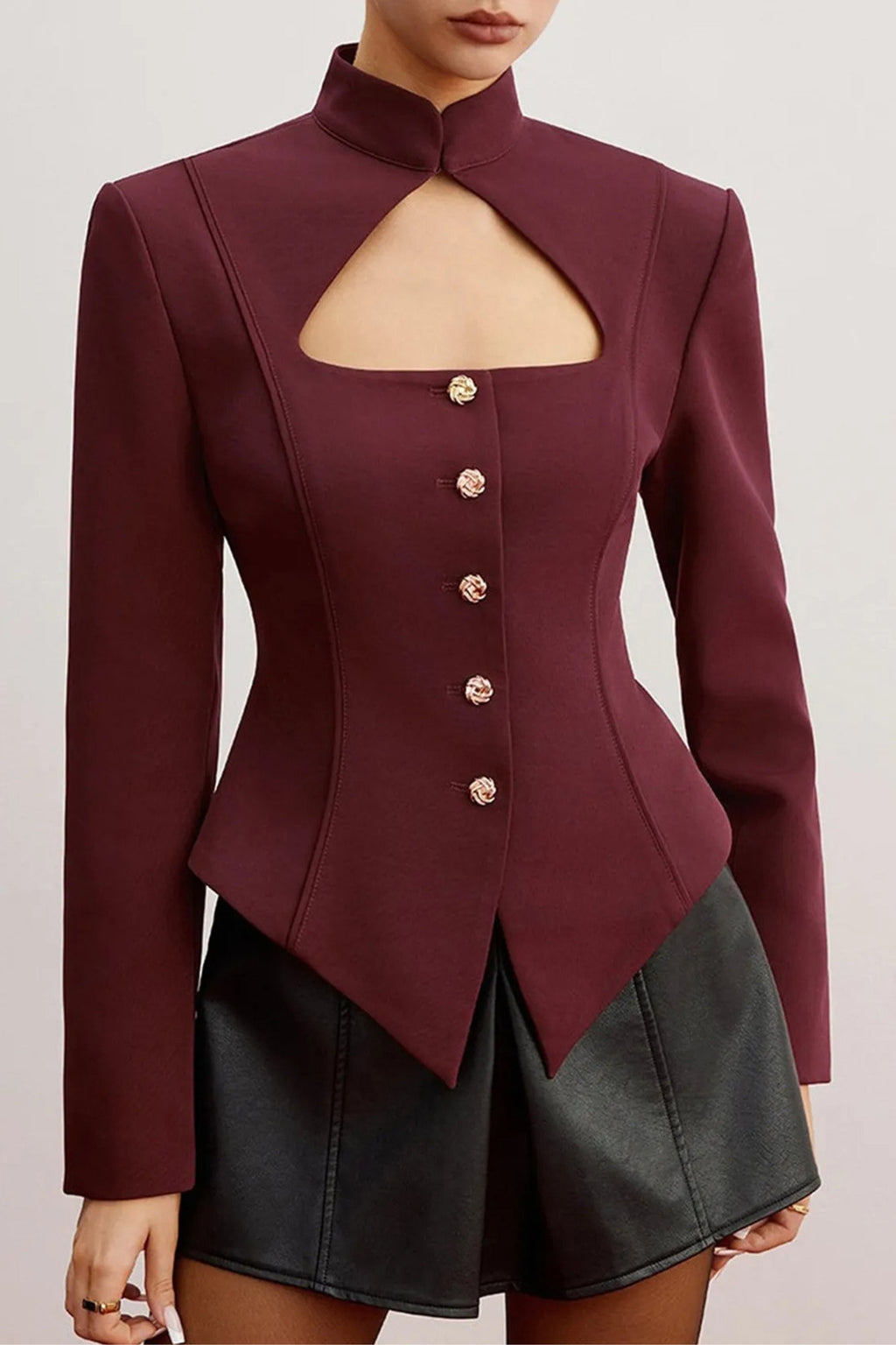 Flowering Girl Women Stand Collar Cutout Blazer