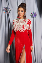 Flowering Girl Women Aaliyah Pearl Embellished Velvet Maxi Dress In Red