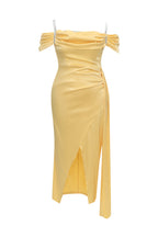 Flowering Girl Women Satin Drape High Split Midi Dresses In Yellow