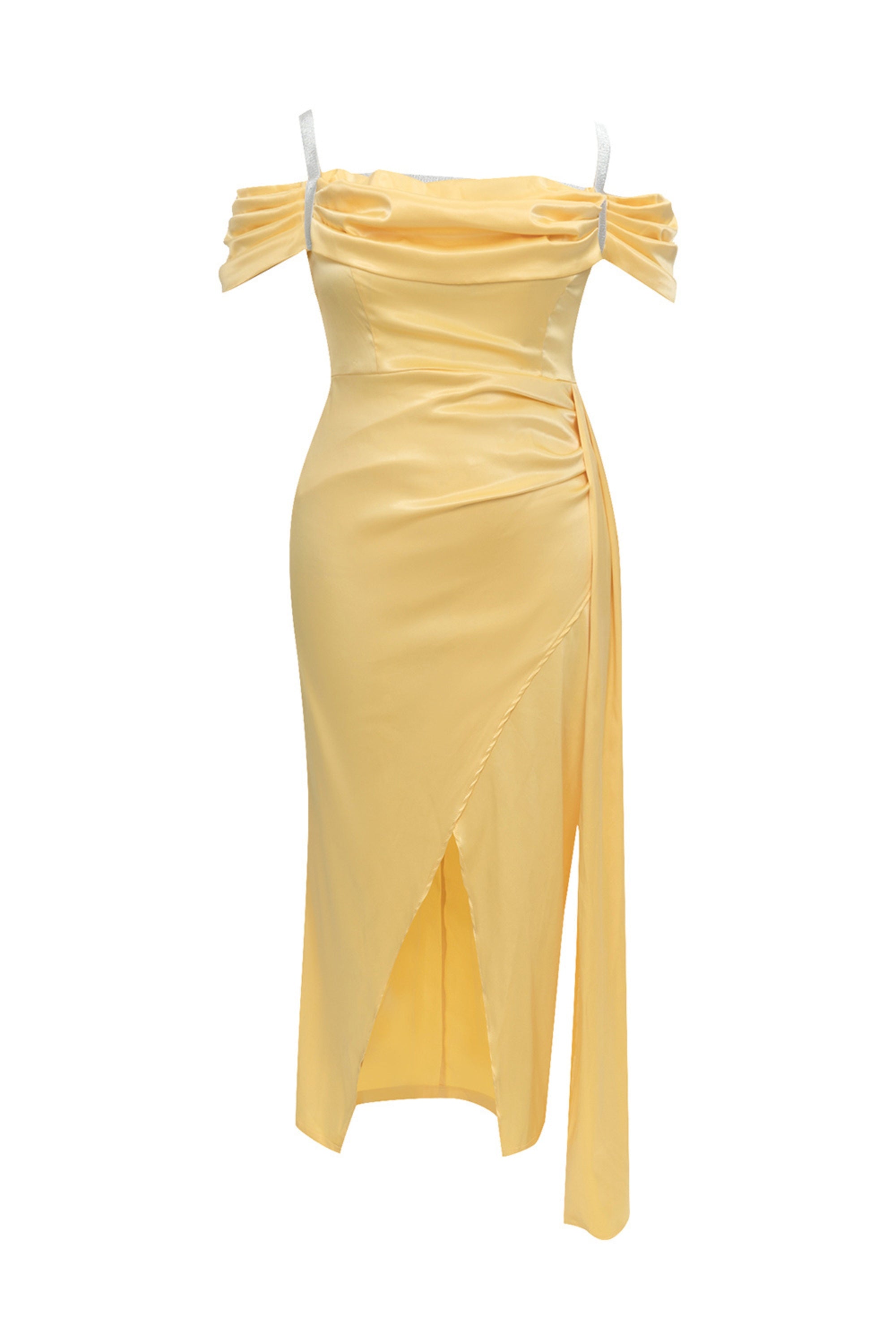 Flowering Girl Women Satin Drape High Split Midi Dresses In Yellow