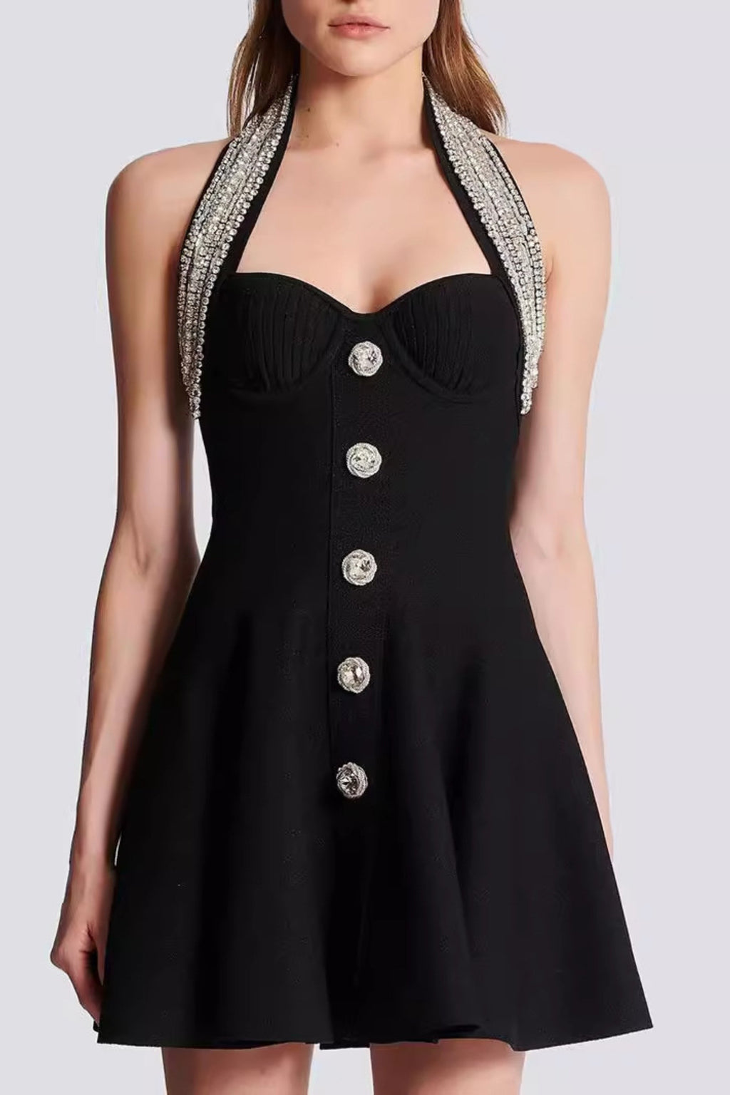 Flowering Girl Women Halter Buckle Mini Dresses In Black