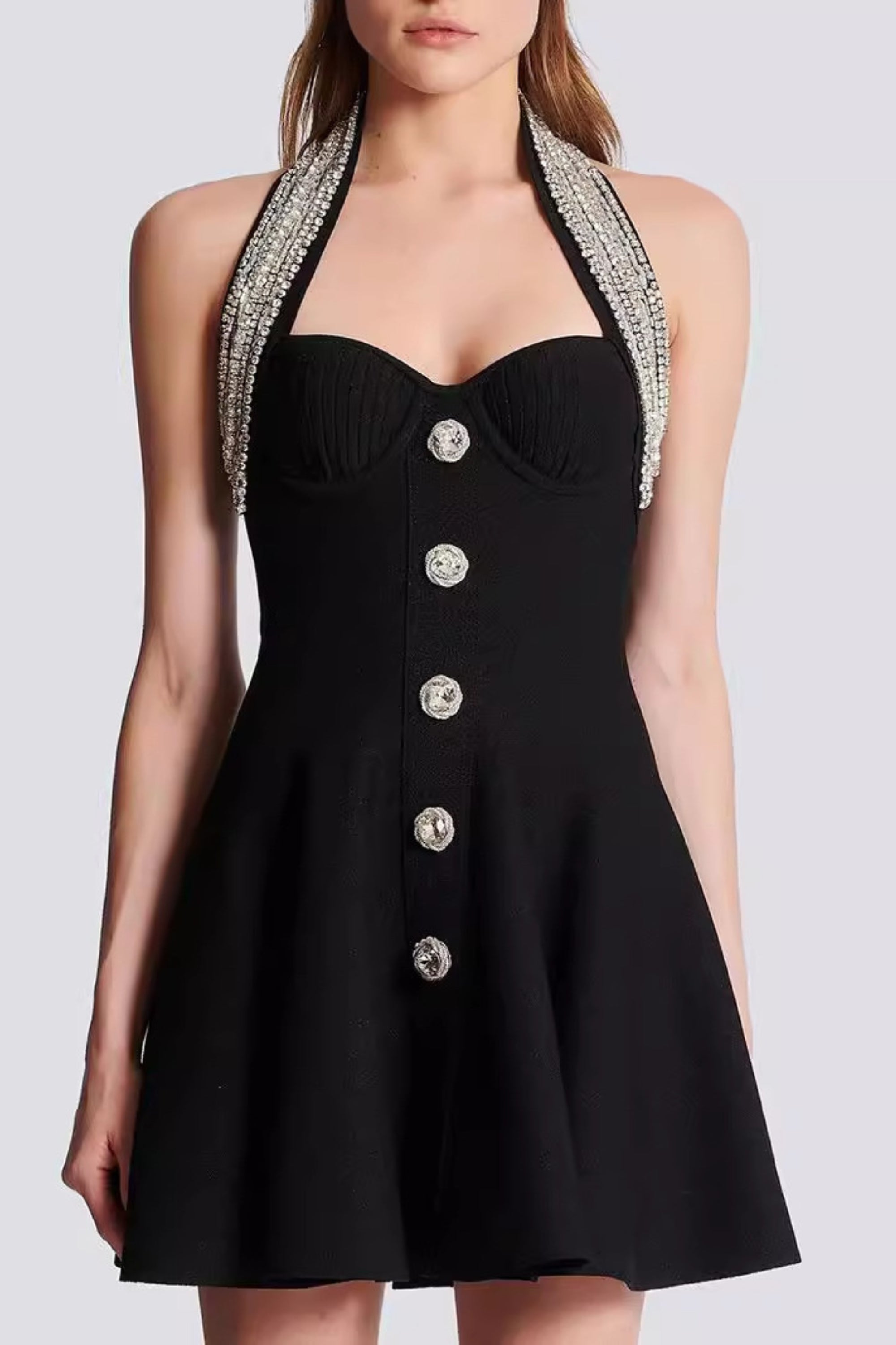 Flowering Girl Women Halter Buckle Mini Dresses In Black