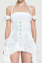 Flowering Girl Women elva halter three-dimensional flower irregular tassel mini dress in white