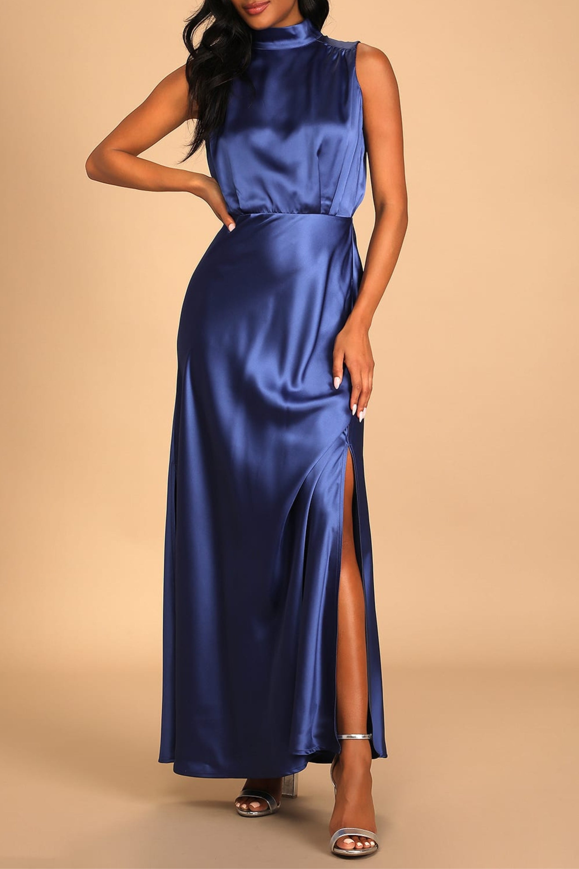 Flowering Girl Women Blue Satin Sleeveless Mock Neck Maxi Dress
