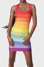 Flowering Girl Women Rainbow Sleeveless Bandage Mini Dresses