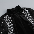 Flowering Girl Women agnes Mock Long Sleeve Pearl Velvet Mini Dress in black