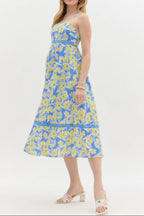 wallis floral print hollow midi dress in blue