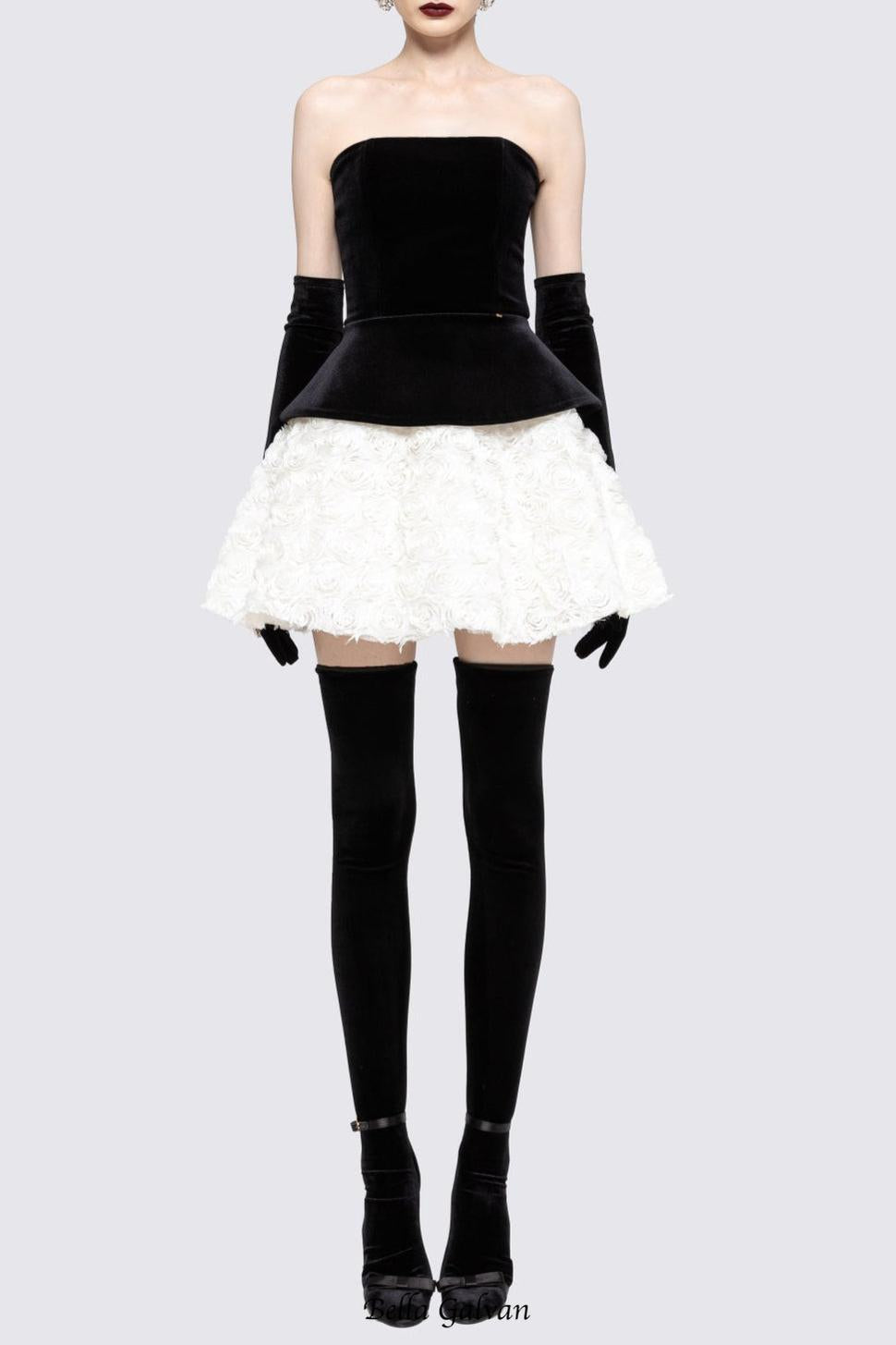 Petal-layered velvet top mini skirt suit without glove - black/white