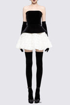 Petal-layered velvet top mini skirt suit without glove - black/white