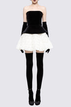 Flowering Girl Women Petal-Layered Velvet Top Mini Skirt Suit Without Glove - Black/White