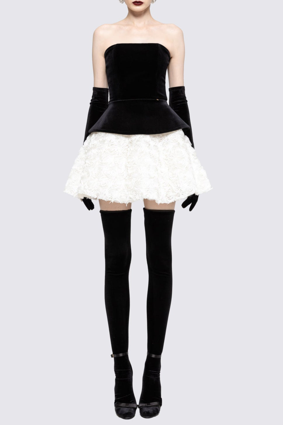 Flowering Girl Women Petal-Layered Velvet Top Mini Skirt Suit Without Glove - Black/White