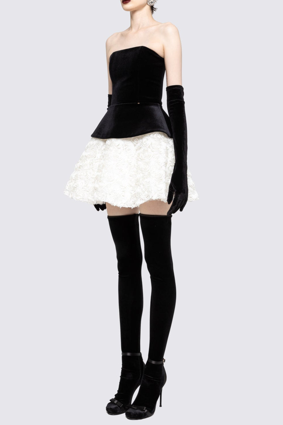 Flowering Girl Women Petal-Layered Velvet Top Mini Skirt Suit Without Glove - Black/White