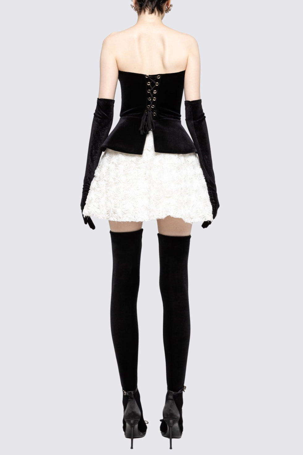 Flowering Girl Women Petal-Layered Velvet Top Mini Skirt Suit Without Glove - Black/White