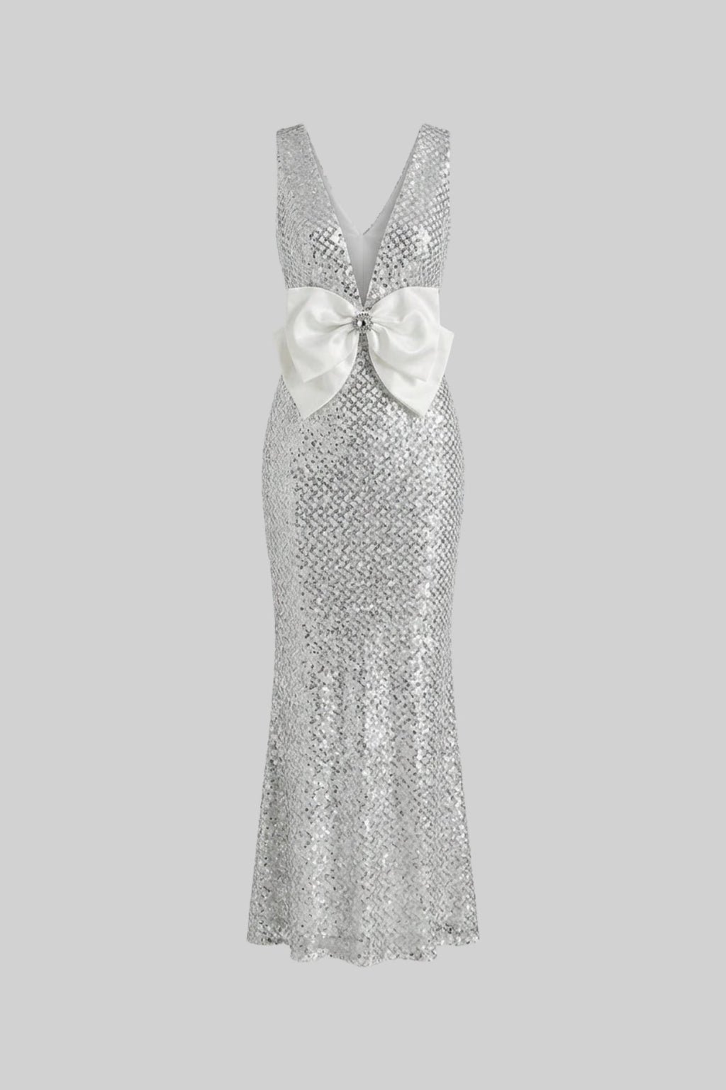 Flowering Girl Women Sequin Maxi Dress With Satin Bow Detail - Light Grey