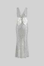 Flowering Girl Women Sequin Maxi Dress With Satin Bow Detail - Light Grey