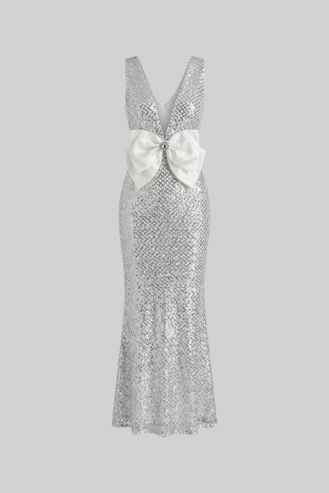 Flowering Girl Women Sequin Maxi Dress With Satin Bow Detail - Light Grey