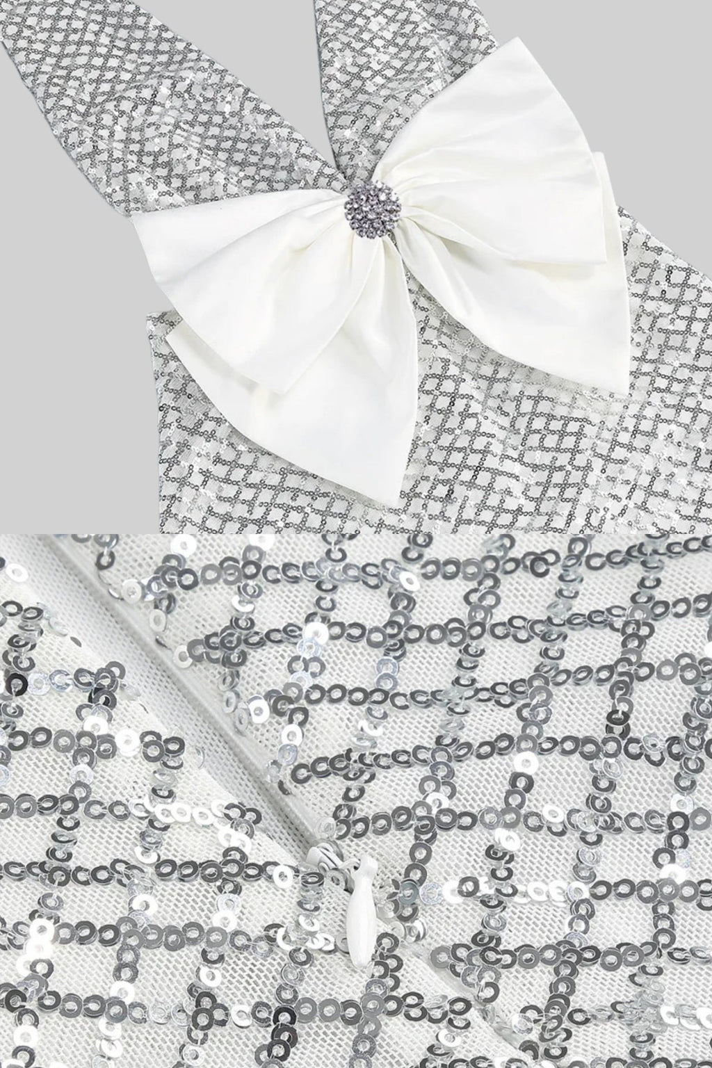 Flowering Girl Women Sequin Maxi Dress With Satin Bow Detail - Light Grey