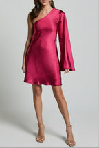 Flowering Girl Women One Shoulder Long Sleeve Dress In Berry