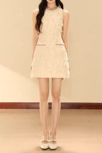 Pandora Feathery Sleeveless A-Line Mini Dress In Beige