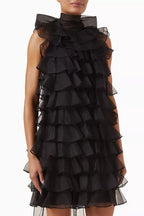 Poppy Ruffle Silk Organza Sleeveless Mini Dress In Black